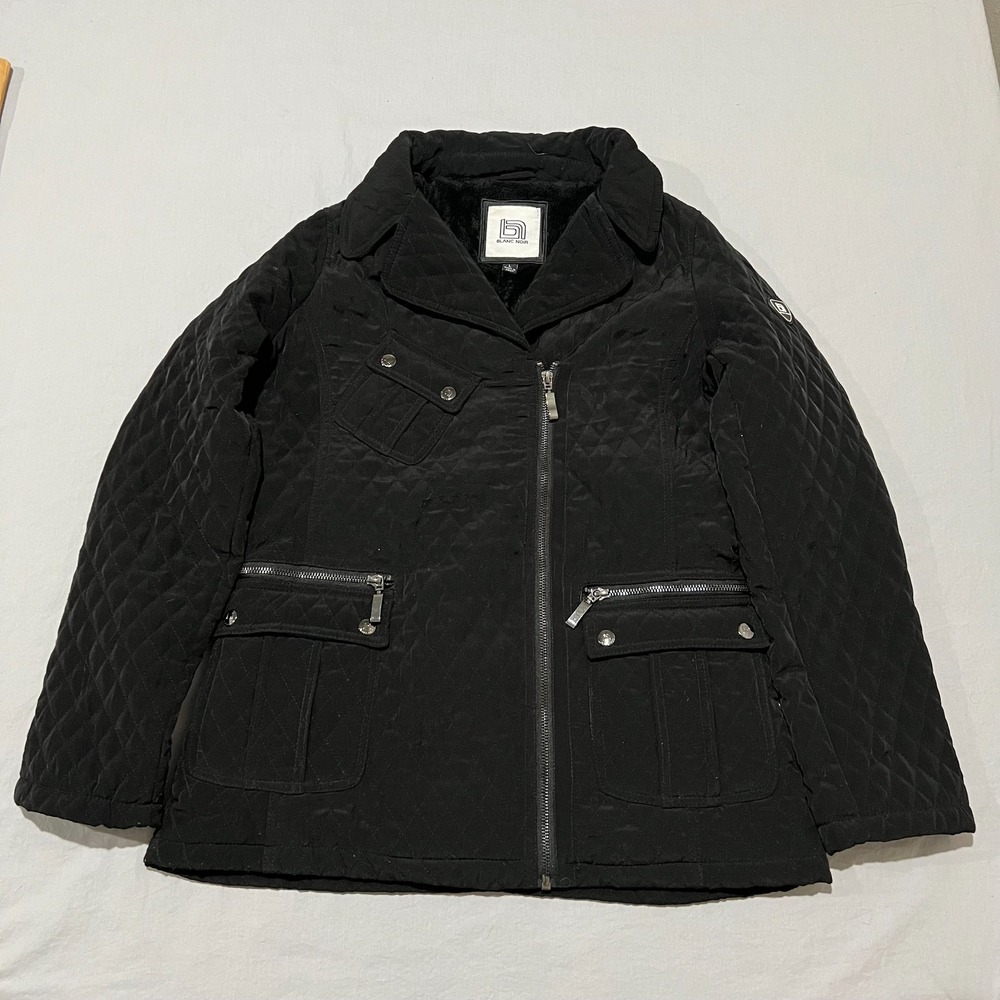 Blanc Noir Womens Black Faux Fur Lined Classic Quilted Moto UtilityJacket Size L